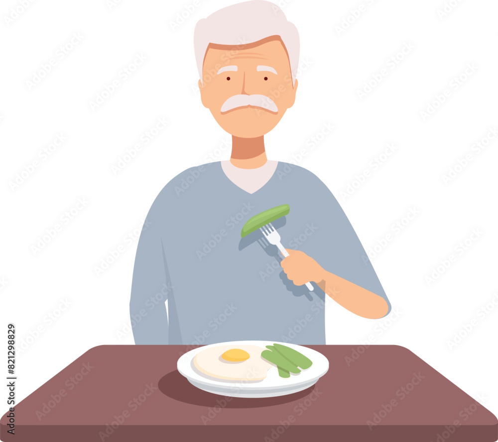 Illustration of an elderly man with a plate of eggs and vegetables Illustration of an elderly man with a plate of eggs and vegetables
