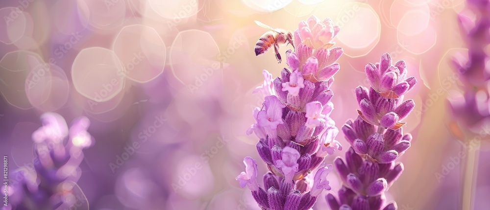 A closeup of lavender flowers with a bee on one, set against a blurred background of nature and sunlight Generative AI A closeup of lavender flowers with a bee on one, set against a blurred background of nature and sunlight Generative AI