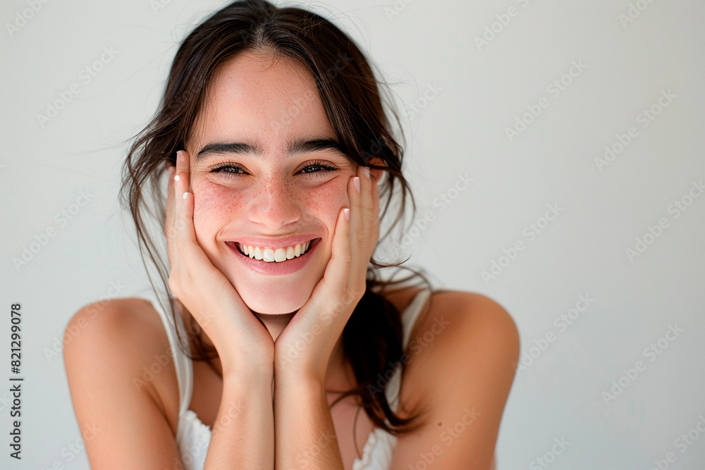 Young woman with hands on face smiling happily Young woman with hands on face smiling happily