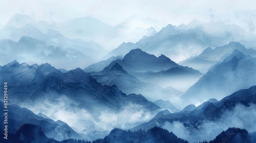 Blue mountain background vector. Oriental Luxury landscape background design with watercolor brush texture. Wallpaper design, Wall art for home decor and prints.