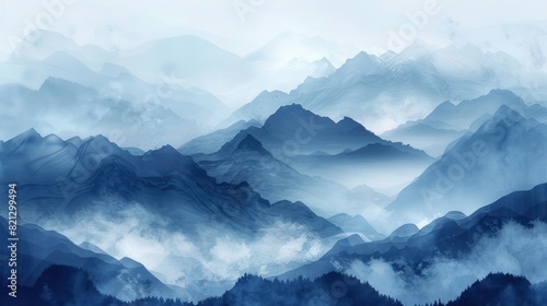 Blue mountain background vector. Oriental Luxury landscape background design with watercolor brush texture. Wallpaper design, Wall art for home decor and prints. © florynstudio3