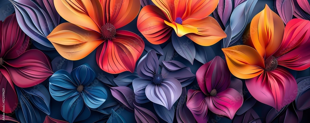 3D abstract floral pattern with layered petals and leaves, vibrant colors and intricate details 3D abstract floral pattern with layered petals and leaves, vibrant colors and intricate details