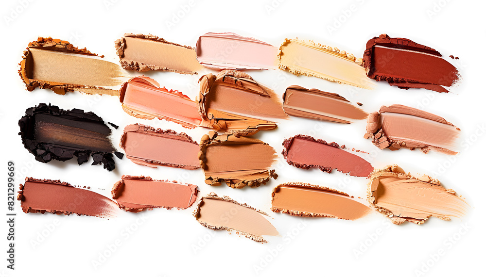 Foundation of different textures and shades for various skin types isolated on white. Set with samples of makeup product Foundation of different textures and shades for various skin types isolated on white. Set with samples of makeup product