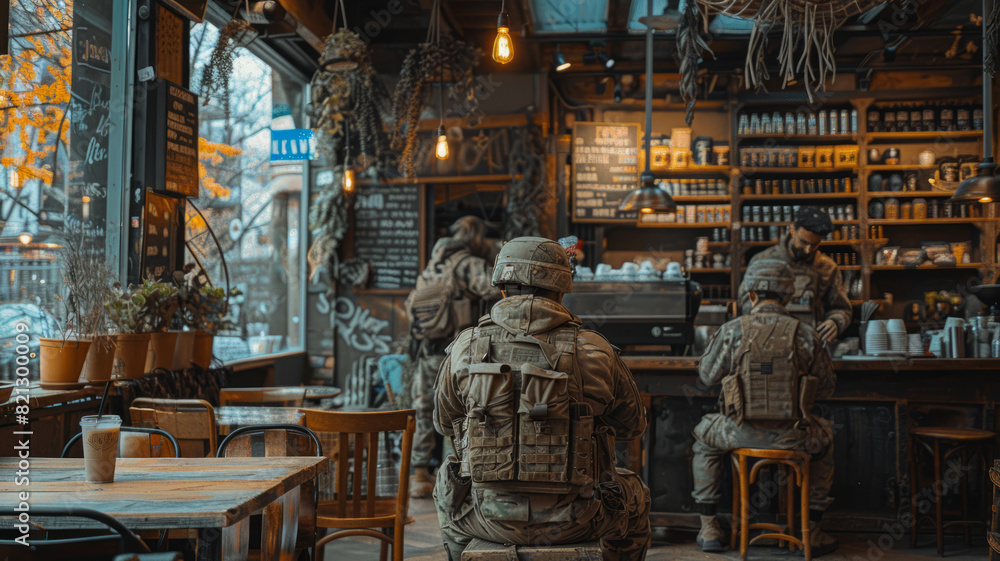 military personnel in a hipster coffee shop drinking coffee. sunny day generative ai military personnel in a hipster coffee shop drinking coffee. sunny day generative ai