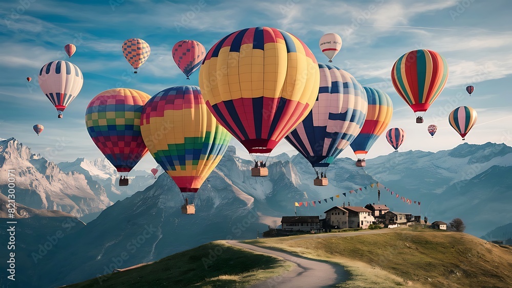 Obraz premium Stunning Landscape Photography: Majestic Mountains and Serene Rivers, hot air baloons