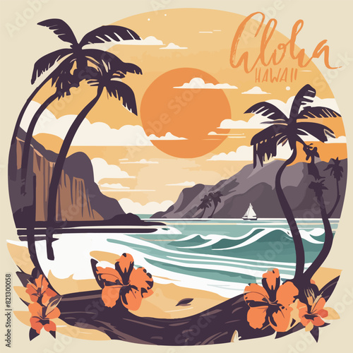 Hawaii beach national park vintage poster vector illustration design in flat for flyer, banner, social media post, background. National Hawaii Day cartoon art with text. Vector illustration EPS10