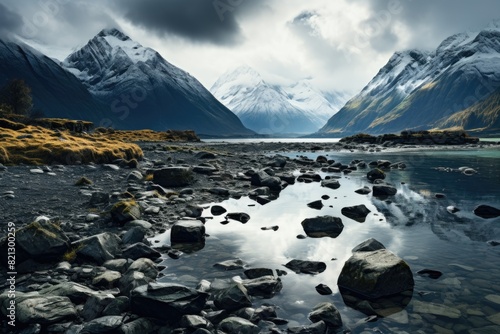 Beautiful photo of the mountains reflecting in the cold lake under the cloudy sky, generative IA