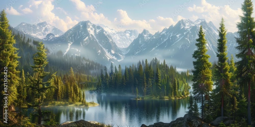 Mountains in background , pine trees, lake in foreground, generated with ai
