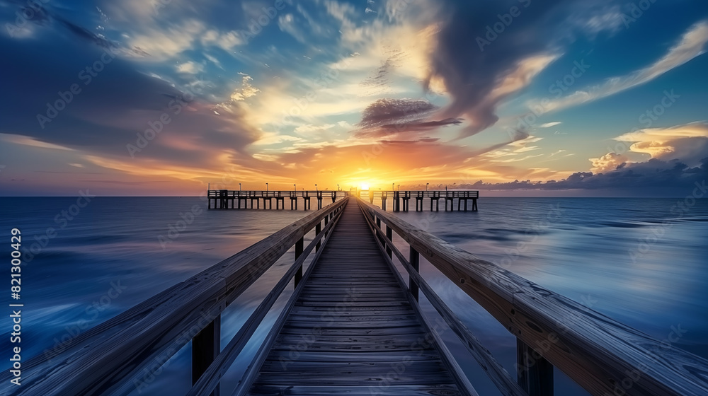 Fototapeta premium pier with dramatic clouds at sunset.
