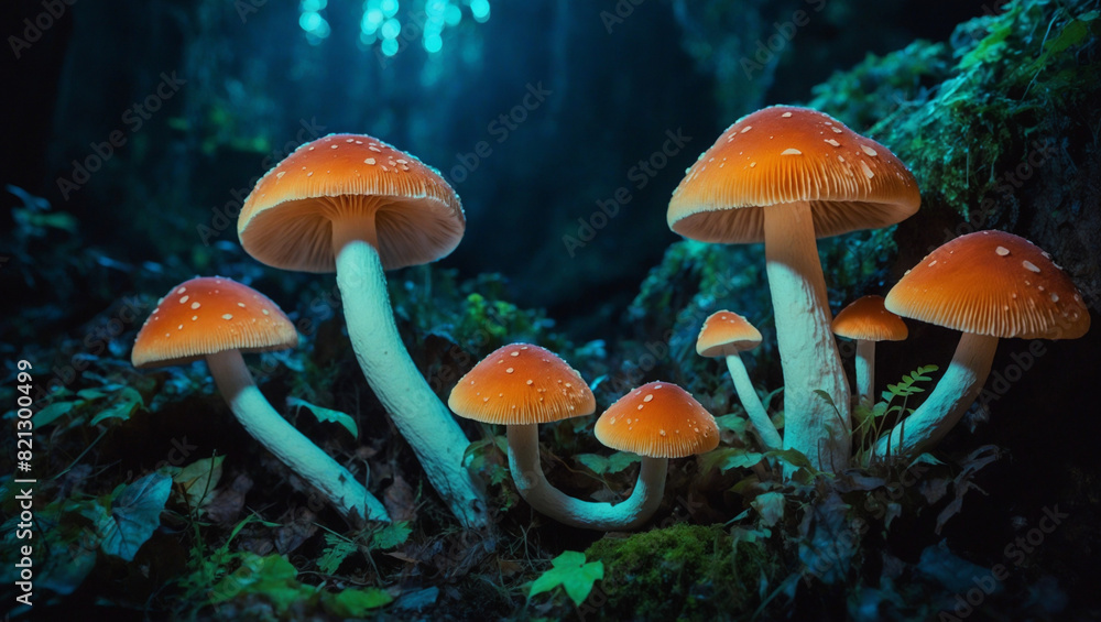 Fototapeta premium Glowing Mushroom Grotto Venture into a hidden grotto