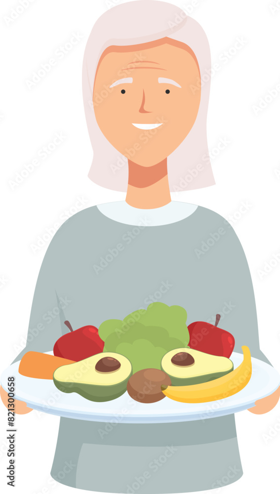 Illustration of an elderly woman smiling as she holds a plate of colorful, nutritious food Illustration of an elderly woman smiling as she holds a plate of colorful, nutritious food