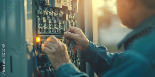 An electrician is meticulously working on an electrical power distribution panel with attention photo