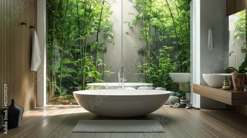 Calming bamboo forest for a spa-like bathroom. --ar 16 9 Job ID  c4eb2fb9-04e9-4bc6-962c-b31ceccebe1e