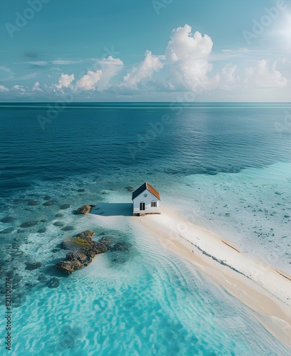 house on a paradise island in the Caribbean sea, aerial view, ocean turquoise water, paradise vacation, privacy, hot summer, heaven on earth, tourism and travel