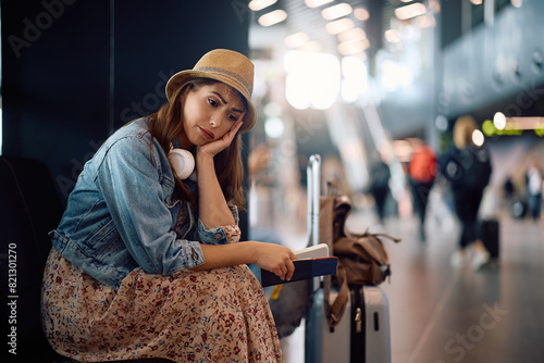 Fotografia Young traveler feeling distraught about her delayed flight at airport