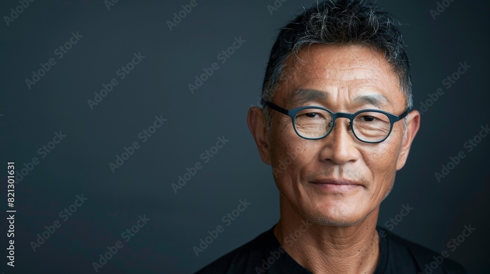 Fototapeta premium A man in glasses, wearing a black shirt, exudes intelligence