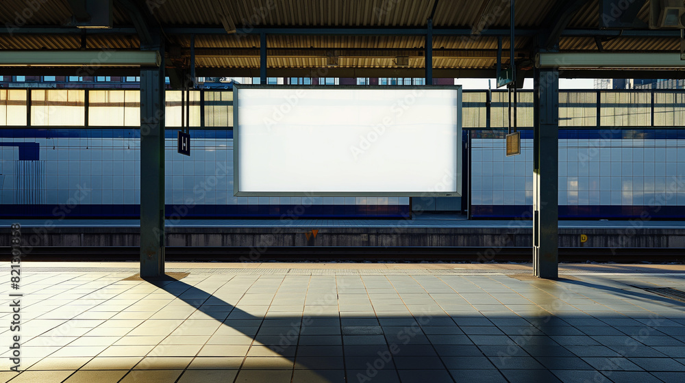 A blank empty canvas poster screen board hanging on a wall at a railway station.
A blank empty canvas poster screen board hanging on a wall at a railway station.