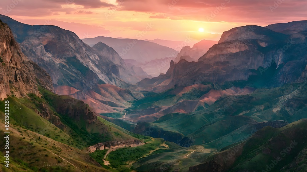 Naklejka premium Stunning Landscape Photography: Majestic Mountains and Serene Rivers, hot air baloons