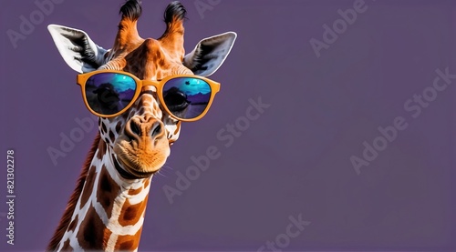 Giraffe very happy with sunglasses, isolated on purple background