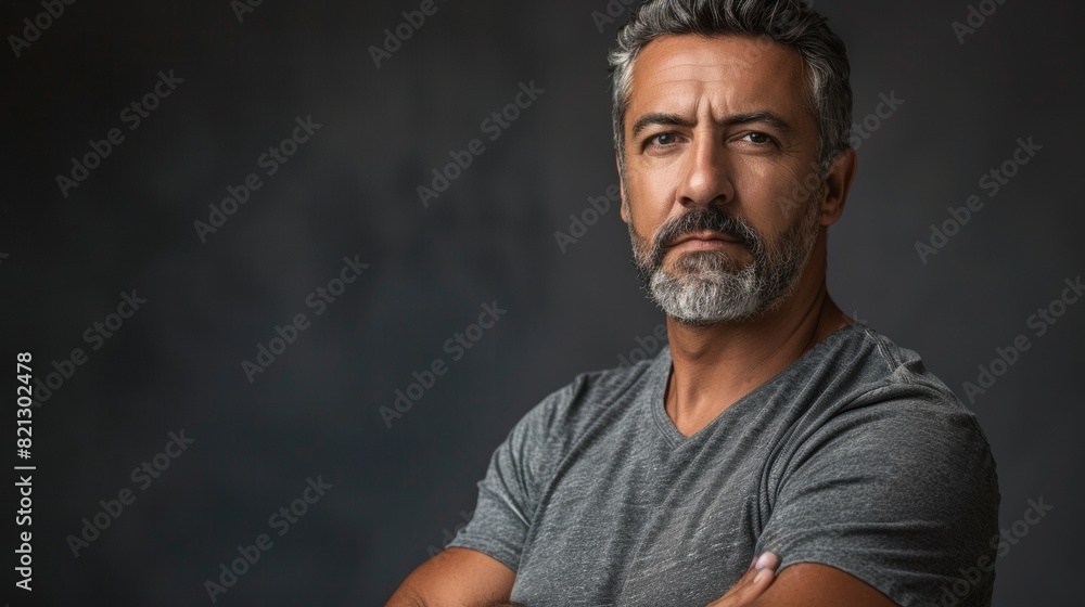 A man with grey hair and a beard in a gray shirt A man with grey hair and a beard in a gray shirt