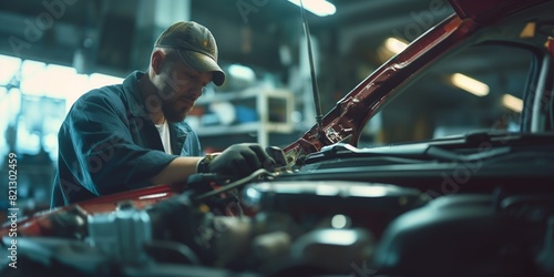 A mechanic with concealed identity is working under the hood of a car in an automotive repair shop photo