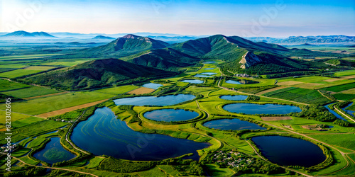 Aerial view of golf course surrounded by green hills and lakes in the mountains. photo