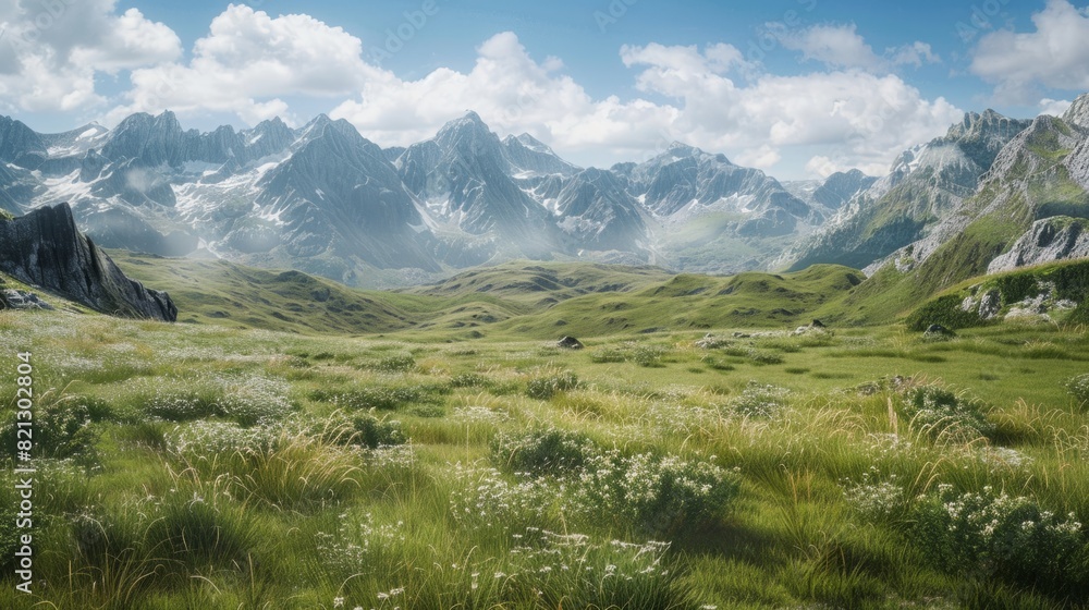 immensity and majesty of the alpine hills in the background. generative ai immensity and majesty of the alpine hills in the background. generative ai