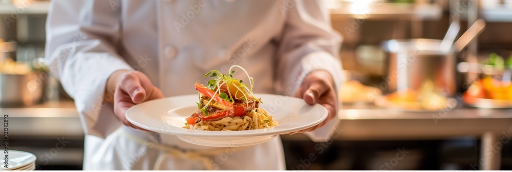 Chef in white uniform holding a perfectly presented culinary dish with a professional kitchen background Chef in white uniform holding a perfectly presented culinary dish with a professional kitchen background