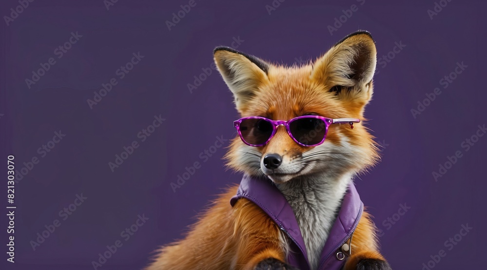 Fox with sunglasses, giving thumb up, isolated on purple background