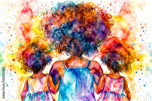 Watercolor painting of two girls with curly hair and blue dress.