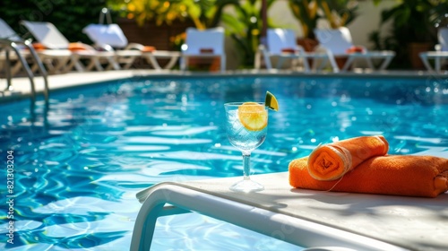 Towels and a Glass of Orange Juice by a Swimming Pool