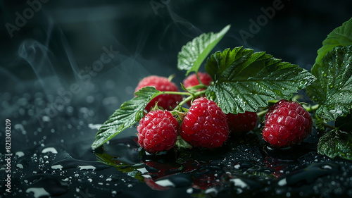 Raspberries on black background