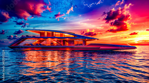 Boat floating on top of body of water under colorful sky.