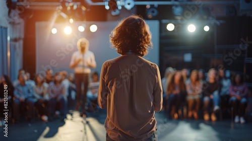 Person Standing on Stage in Front of Crowd