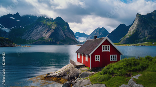 A red house sits on a rocky shore next to a lake
