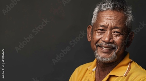 A senior man beams with happiness, his eyes crinkling with a genuine smile
