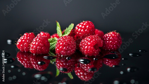Raspberries on black background