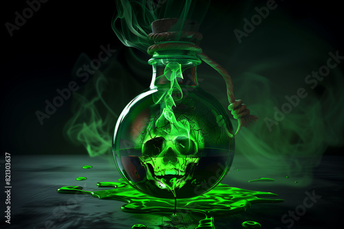 Glowing green liquid with a skull design in a round bottle, emitting smoke and set on a dark, eerie surface