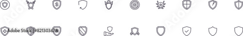 Shield vector outline icons drawn with black thin line. Editable stroke. Simple linear illustration that can be used as a design element for apps and websites