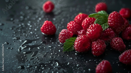 Raspberries on black background