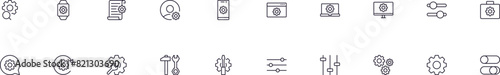 Gear and cogwheel as settings line vector pictograms pack. Editable stroke. Simple linear illustration that can be used as a design element for apps and websites