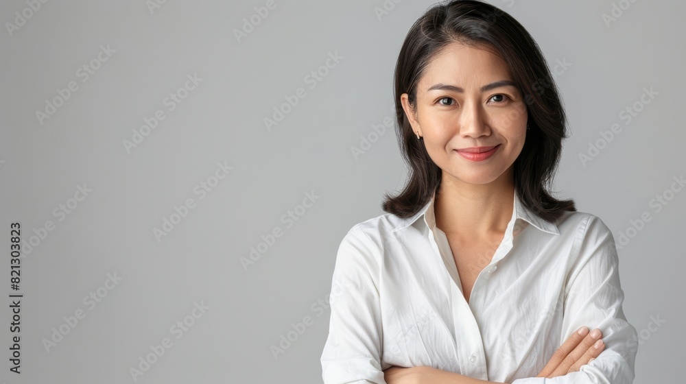 A confident woman in a white shirt stands with her arms crossed A confident woman in a white shirt stands with her arms crossed