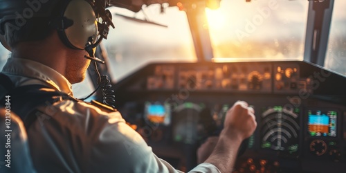 The image captures a pilot in headset controlling the cockpit of an aircraft as the sun sets, highlighting aviation photo