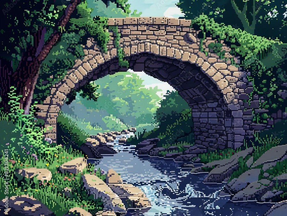 Under a stone bridge that crosses a creek, pixel art, video game rpg, 8 bit, low resolution, low pixels, very pixelated, generated with ai Under a stone bridge that crosses a creek, pixel art, video game rpg, 8 bit, low resolution, low pixels, very pixelated, generated with ai