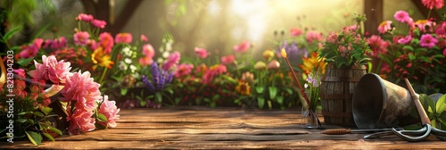 A garden bursting with vibrant colors from a multitude of flowers, set against a blurred natural background with garden tools scattered across a wooden surface. Generative AI