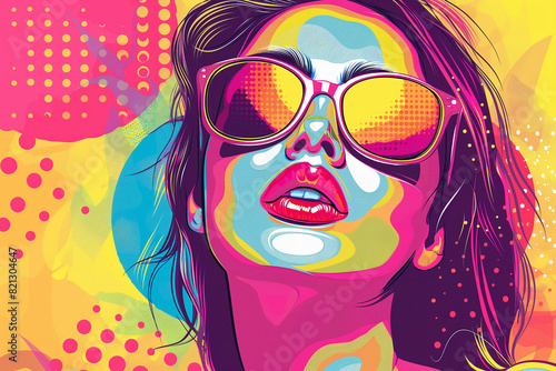 illustrated portrait of a woman with colorful pop art graphics, pop art girl in glasses illustrated poster, generative ai