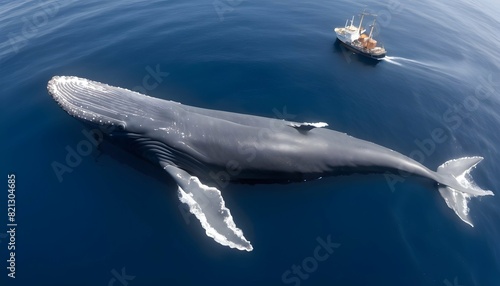 A Blue Whale Swimming Past A Ship Giving Perspect photo