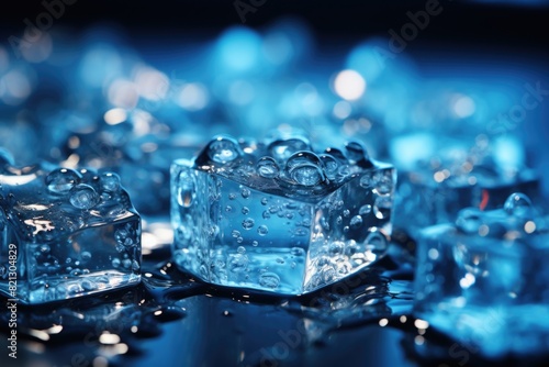 Ice made of cubes aligned with drops on a blue background with free space, generative IA