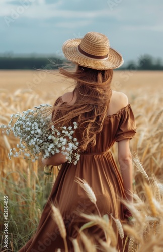 Woman Walking Through Field With Bouquet of Flowers