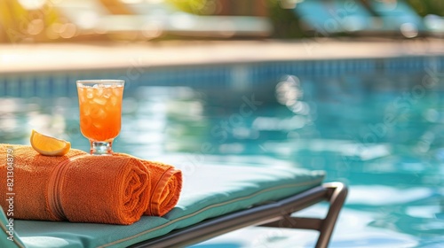 Towels and a Glass of Orange Juice by a Swimming Pool